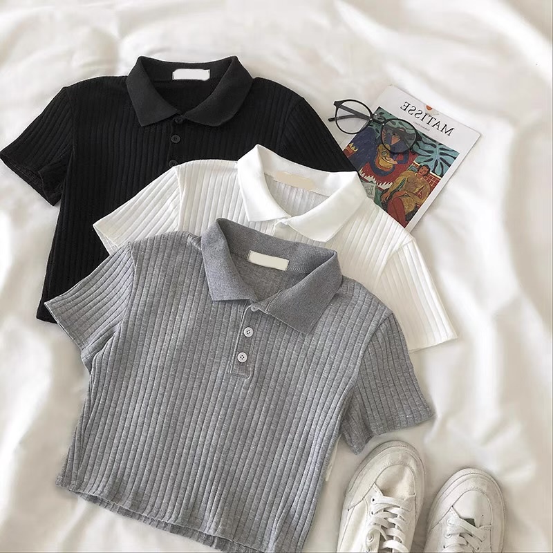 QKOOLE Áo Croptop Tay Ngắn Màu Sắc Đơn Giản Phong Cách Retro Hàn Quốc Cho Nữ