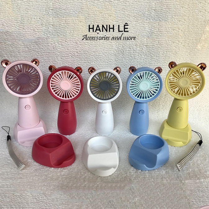 Quạt mini tích điện đeo cổ cầm tay có đế để bàn kèm theo giá đỡ điện thoại và dây đeo, nhỏ gọn dễ thương tai mèo dễ dàng