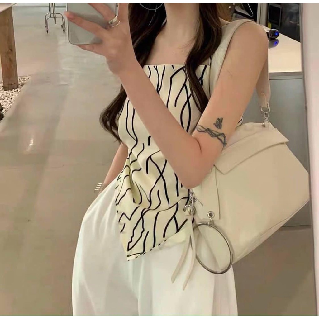 Áo 2 Dây Thổ Cẩm PEONYB Nữ [FREESHIP]  Thun họa tiết vintage thắt nơ lưng, body dáng ôm màu trắng đen cá tính Ulzzang