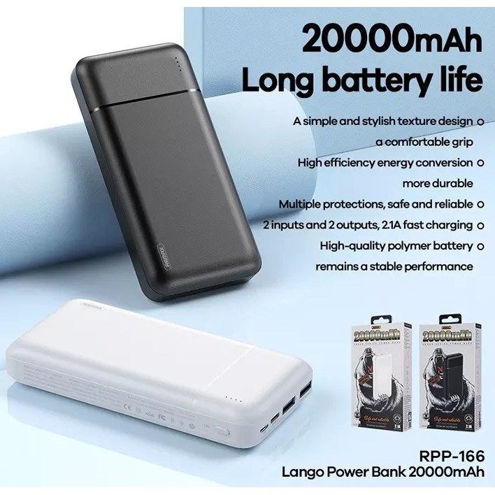 CHÍNH HÃNG Pin Sạc Dự Phòng 20000mah Remax RPP-166 Lango Series Fast Charing 2.1A tích hợp 2 cổng USB