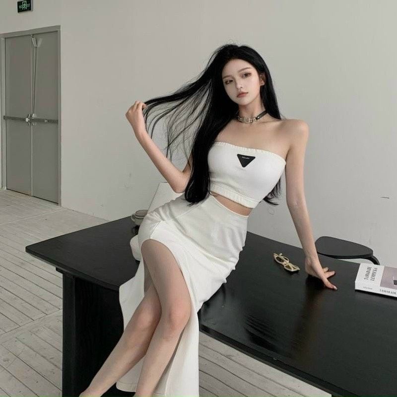 2FASHIONISTA (set) Áo ống + chân váy xẻ dài, size &lt; 53kilo