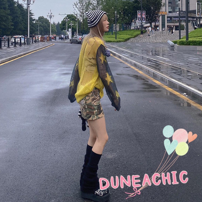 DUNEA Áo Sweater Dệt Kim Mỏng Dáng Rộng Họa Tiết Ngôi Sao Màu Sắc Xinh Xắn Cho Nữ