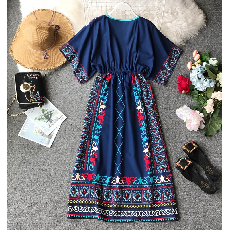 Váy Maxi Thổ Cẩm Boho Đi Biển Xòe Họa Tiết Hình Khối Tay Lỡ Thời Trang Du Lịch Hè V00079 | BigBuy360 - bigbuy360.vn