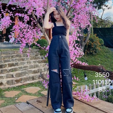 [ ÂN TÌNH ] QUẦN JEANS ỐNG RỘNG NỮ LƯNG CAO RÁCH VẠT PHẢI 2 SỌC TRÁI MÀU XÁM ĐẬM LAI CUỐN CAO CẤP HADI CỰC THỜI TRANG
