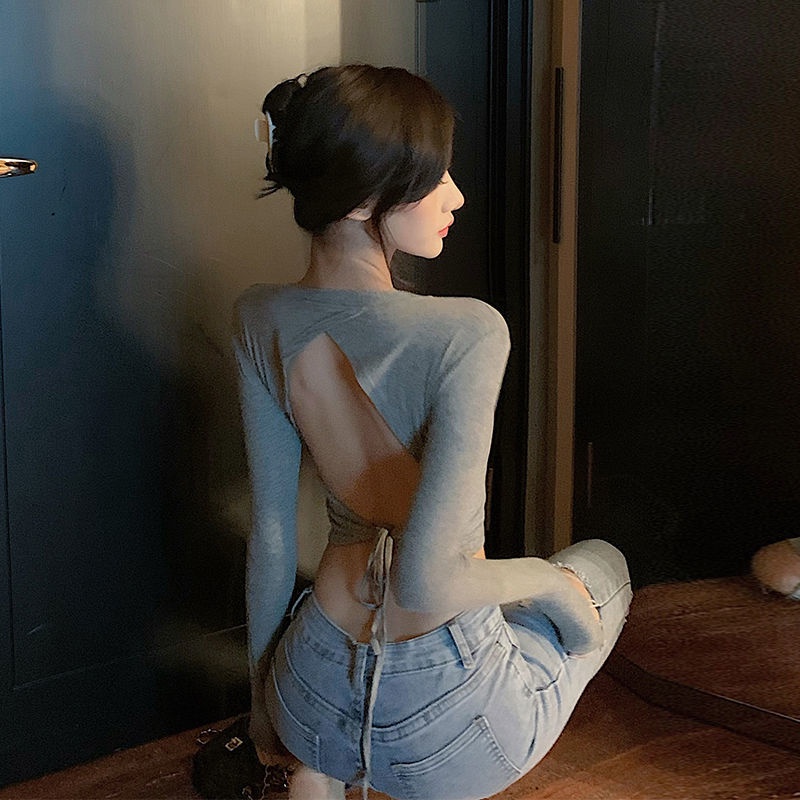 Áo thun COZOKC tay dài hở lưng thiết kế dây đan chéo quyến rũ