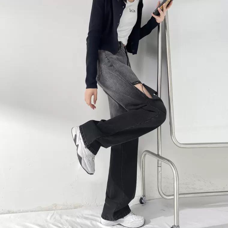 [ Ý TRỜI ] QUẦN JEAN ỐNG RỘNG NỮ LƯNG CAO LOANG MÀU XÁM RÁCH VẠT PHẢI CAO LAI CUỐN FORM SIÊU HOT CAO CẤP NITI SIÊU HOT