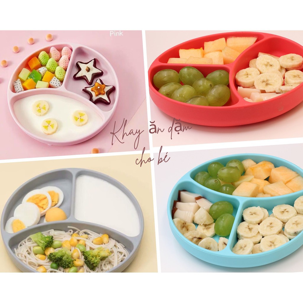 Set Thìa + Dĩa Silicon + Khay Ăn Dặm Silicon Chống Trượt 3 Ngăn Cao Cấp Có Đế Hút Chân Không Chống Đổ Siêu Xịn AD03