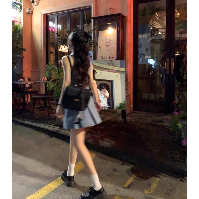 Váy Jeans nữ dáng xòe xếp ly Đầm Denim không tay JV003 Váy bò sát nách thắt eo gọn 2022 mới hót