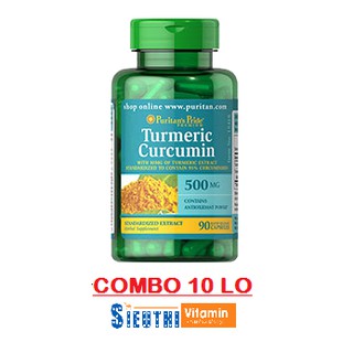 [BÁN SỈ] Combo 10 lọ Viên uống tinh bột nghệ vàng đẹp da Turmeric Curcumin 500mg 90 viên Puritan's Pride