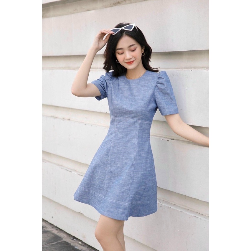 Đầm Xòe Công Sở Akara DT279 Dáng A Cổ Tròn Tay Phồng Màu Xanh Phù Hợp Dự Tiệc Dạo Phố | BigBuy360 - bigbuy360.vn