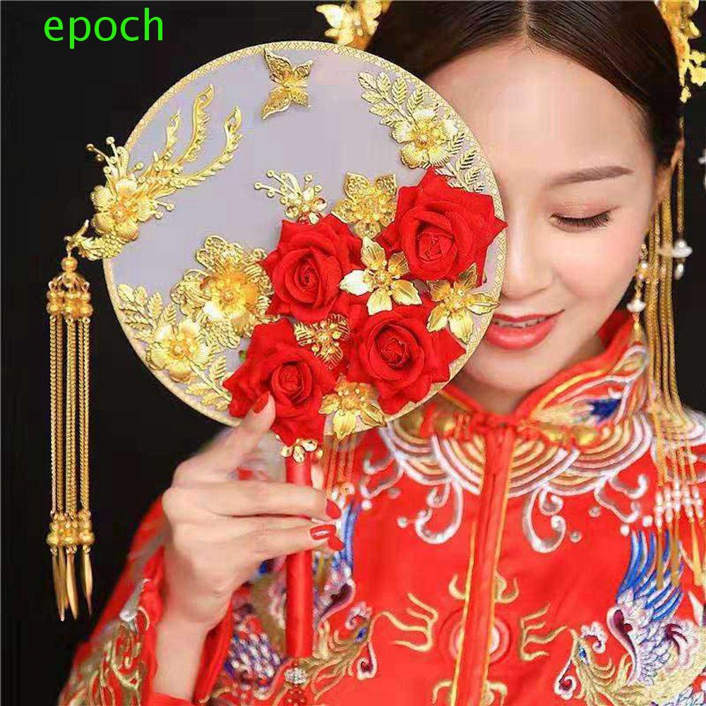 Epoch Quạt Cầm Tay Hình Tròn Họa Tiết Hoa Rồng Phượng Hoàng Trang Trí Đám Cưới|Phụ Kiện Chụp Ảnh Cưới Phong Cách Trung Hoa Cổ Điển