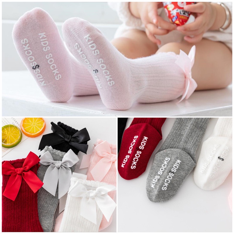 Thích hợp cho bé 0-3 tuổi Tất dài đến đầu gối đính nơ đáng yêu dành cho bé gái Đôi vớ dài qua gối