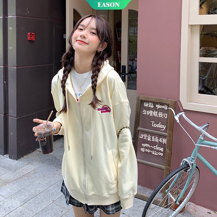 Áo khoác cardigan mỏng dáng rộng màu vàng nhạt in họa tiết có khóa kéo thời trang mùa thu cho nữ