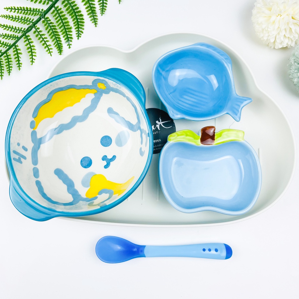 Set Bát Sứ Ăn Dặm Cho Bé Kiểu Nhật Đủ Màu, Combo Bát Ăn Dặm Gốm Sứ Gồm Khay Bát Thìa Báo Nóng Cao Cấp Babyducky