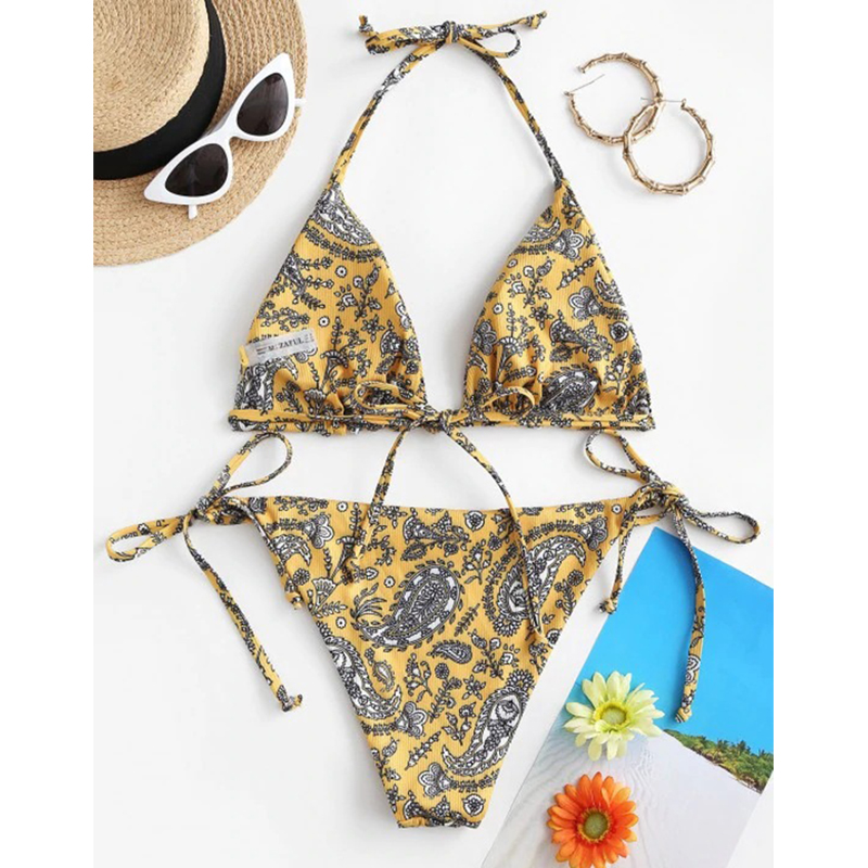 SOO-Women’s Sexy Two Piece Bikini Suits Fashion Printing Halter Tops and Lace-up Mid-waist Thong | BigBuy360 - bigbuy360.vn