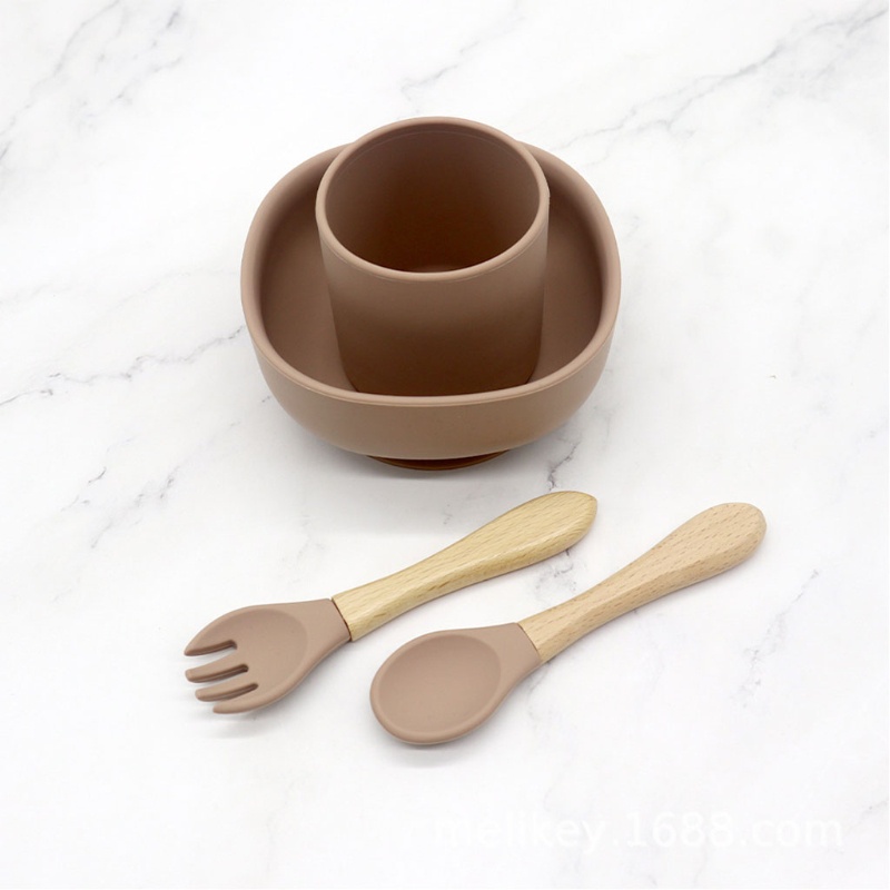Bộ 4 Dụng Cụ Tập Ăn Gồm Muỗng / Nĩa / Cốc Hút Chất Liệu Silicone Cho Bé Sơ Sinh