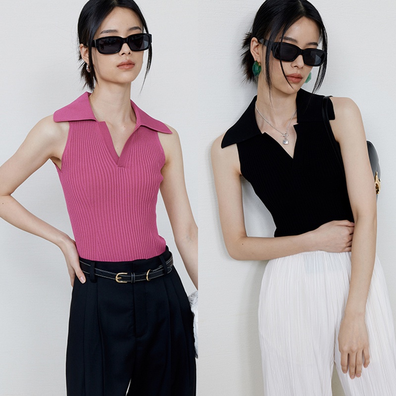 Áo dệt kim ZHELIHANGFEI không tay cổ polo họa tiết kẻ sọc trẻ trung