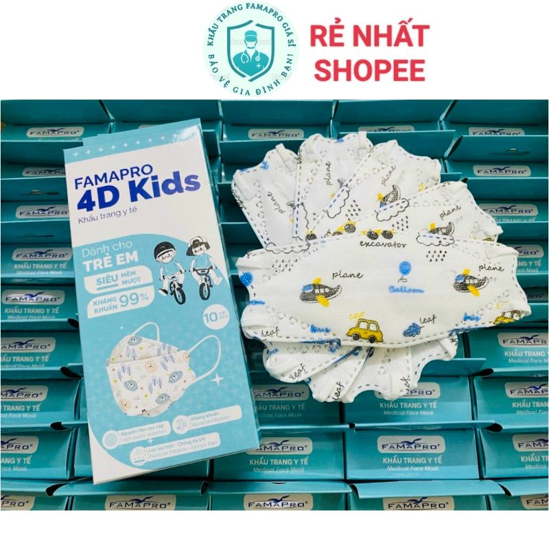 [Chính Hãng] Combo 10 hộp khẩu trang 4D Kids trẻ em giá sỉ chính hãng Famapro khẩu trang cho bé từ 2 đến 10 tuổi
