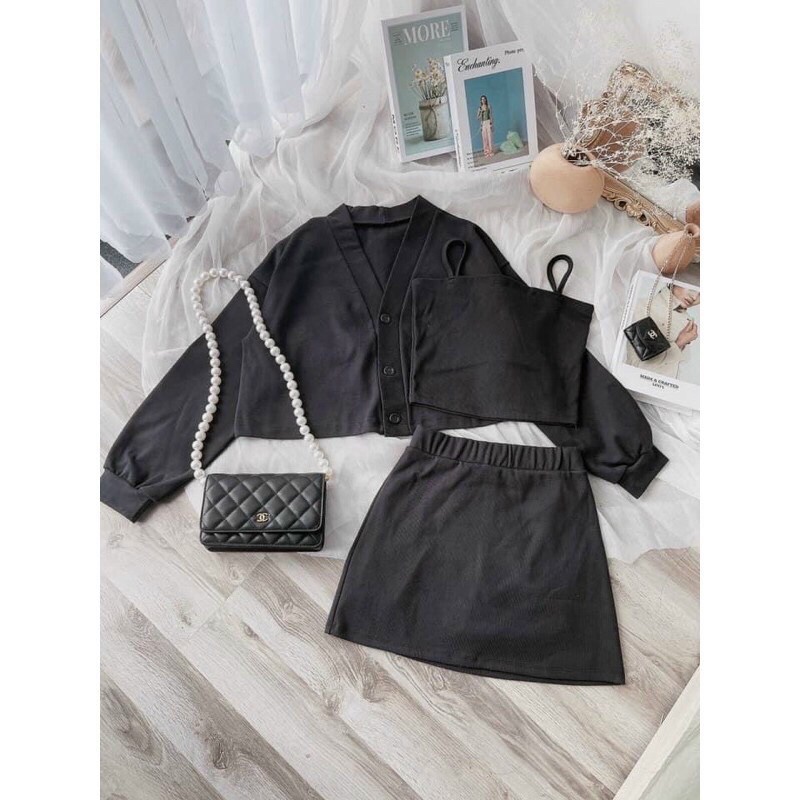 Set 3 món áo 2 dây kèm váy và áo khoác cardigan siêu hot
