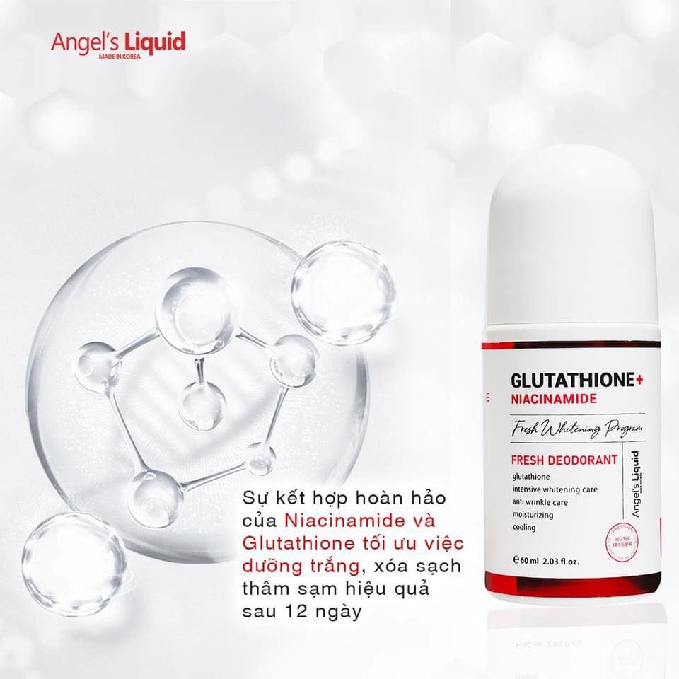 Lăn nách Glutathione + Niacinamide Angle's Liquid 60ml giúp vùng da dưới cánh tay trắng sáng, mịn màng