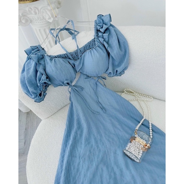 Đầm dài xanh cutout lưng viền bèo