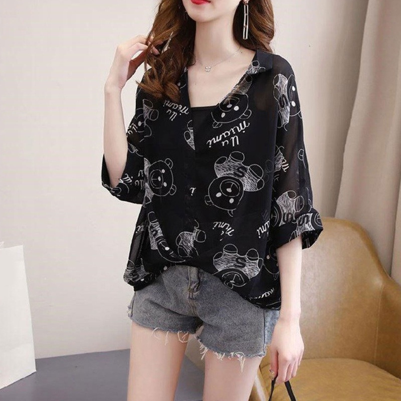 Áo Sơ Mi Voan Cánh Dơi In Họa Tiết Báo Gấu Dễ Thương Cho Nữ