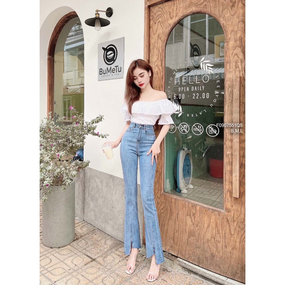 Quần jean dài ống xẻ lưng cao tôn dáng!