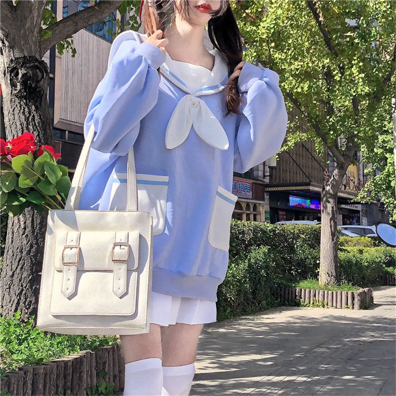 IELGY         Áo sweater Dáng Rộng Cổ Bẻ Đính Nơ Ngọt Ngào Đáng Yêu Kiểu Nhật Bản Cho Nữ