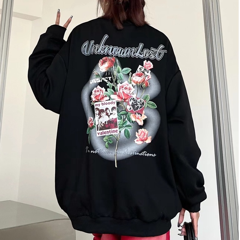 ZHELIHANGFEI Áo Sweater Tay Dài Dáng Rộng In Hình Hoa Hồng Kiểu Retro