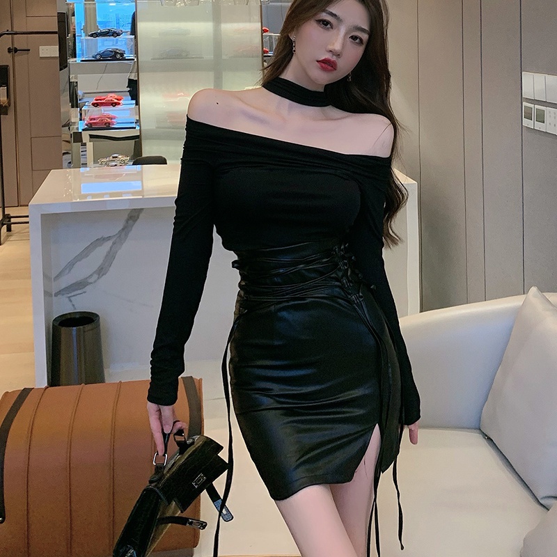 Set áo trễ vai + chân váy da PU lưng cao quyến rũ cho nữ