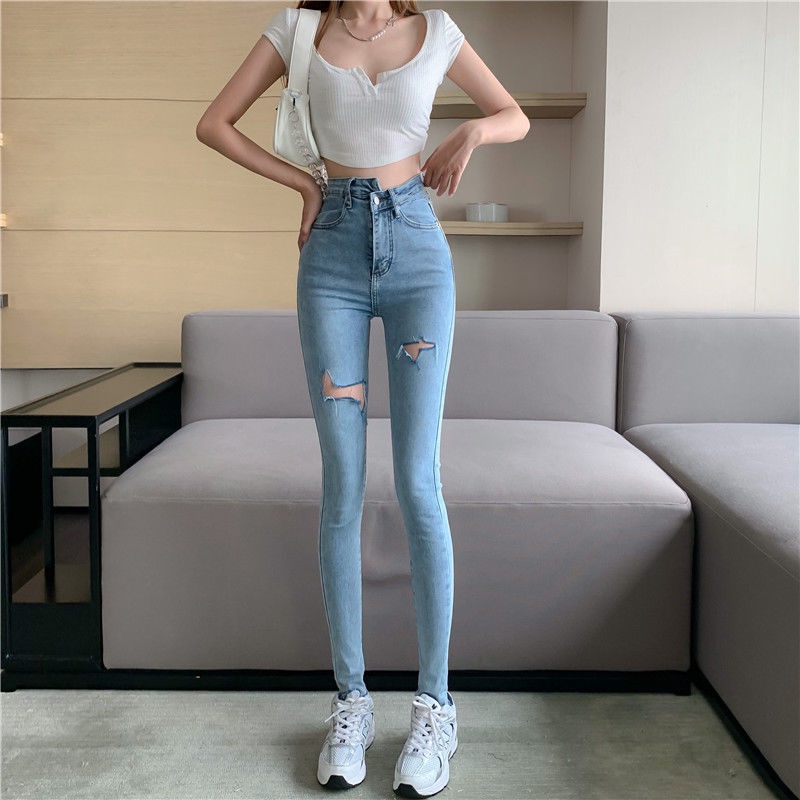Quần Jeans Skinny Lưng Cao Thiết Kế Rách Phong Cách Mới Mùa Hè 2022 Cho Nữ