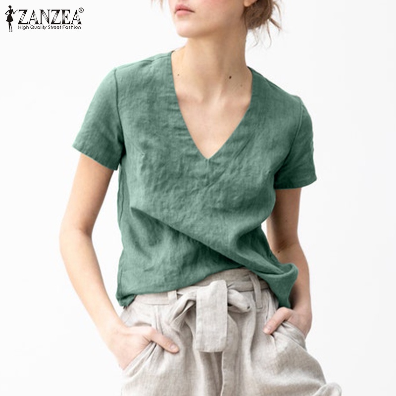 Áo kiểu ZANZEA tay ngắn cổ chữ V dáng rộng màu trơn dành cho nữ
