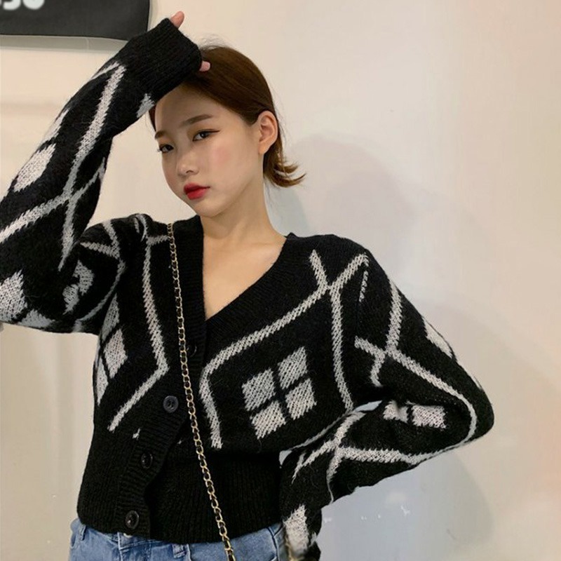 Áo Cardigan Dệt Kim Tay Dài Cổ Chữ V Ôm Eo Đính Đá Kiểu Retro Hàn Quốc Thời Trang Cho Nữ