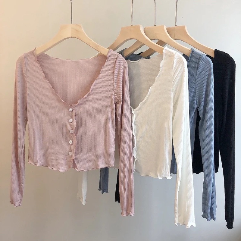 Áo thun ôm tay dài cổ V Quảng Châu ôm body sexy viền se biên 4 màu 3 kích thước