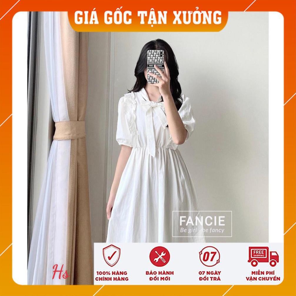 [FREESHIP] Đầm Nữ Trắng Vai Bèo Cộc Tay Buộc Nơ 🦋 Váy Nữ Chất Đũi Dáng Xòe 🦋