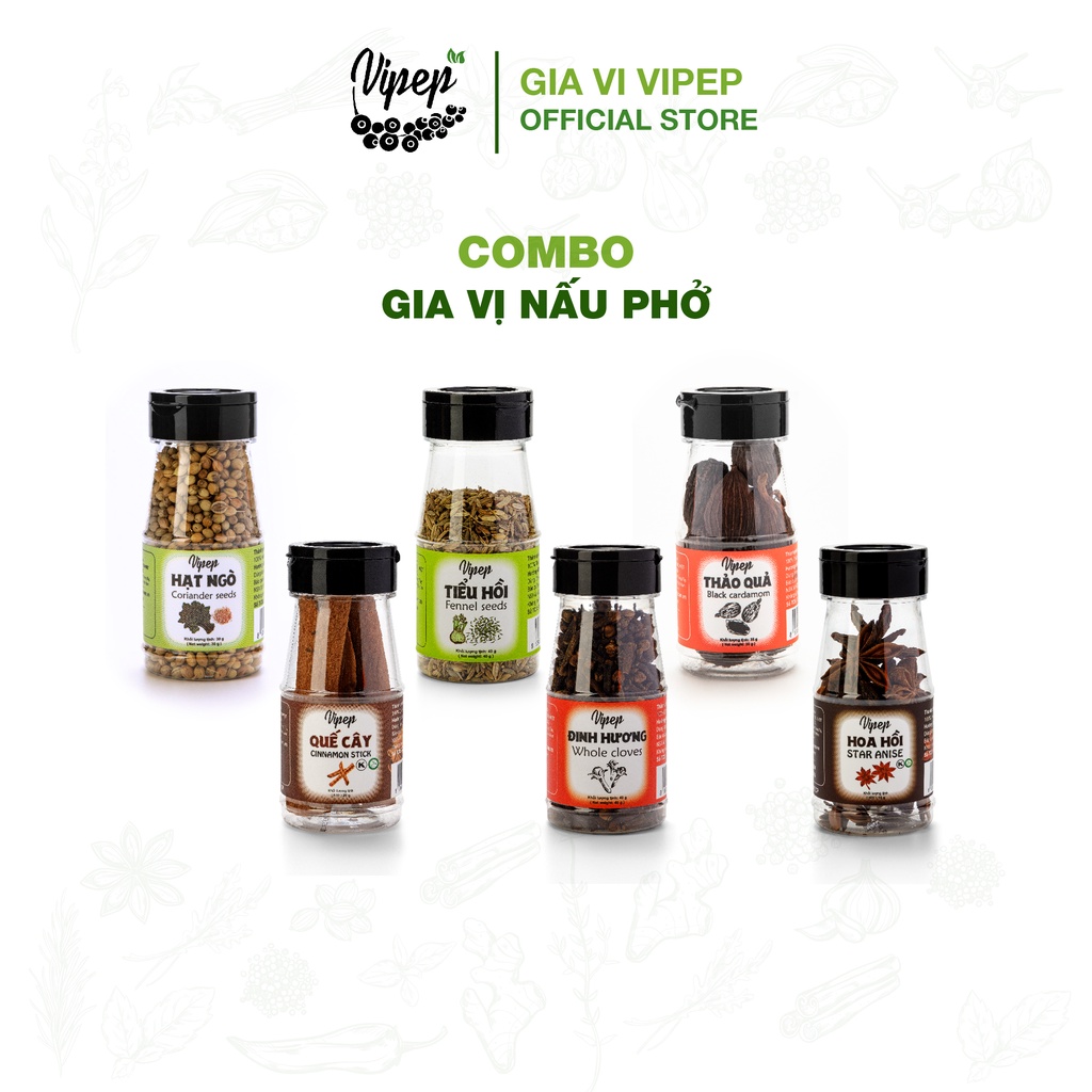 Set Gia vị nấu phở bò - phở gà Vipep (Hạt ngò, Tiểu hồi, Thảo quả, Đinh hương, Hoa hồi, Quế thanh) tiện lợi nấu tại nhà