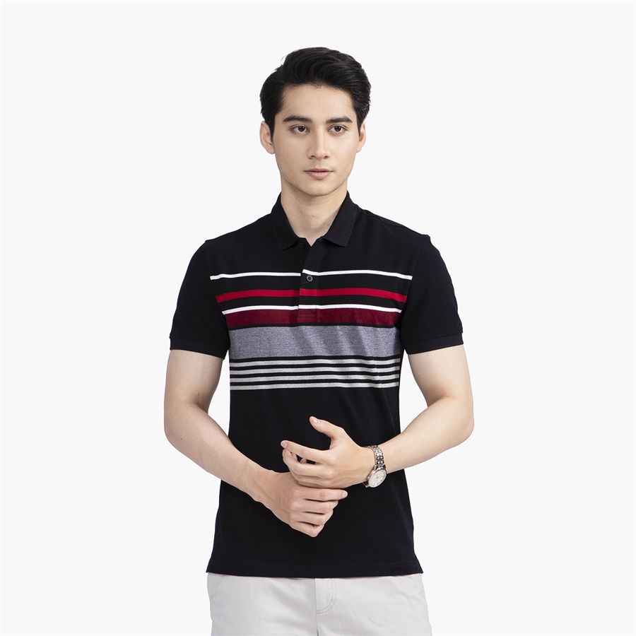 Áo thun polo nam Aristino APS134S2 phông ngắn tay cổ bẻ dáng slim fit ôm nhẹ màu đen kẻ vải cotton cao cấp