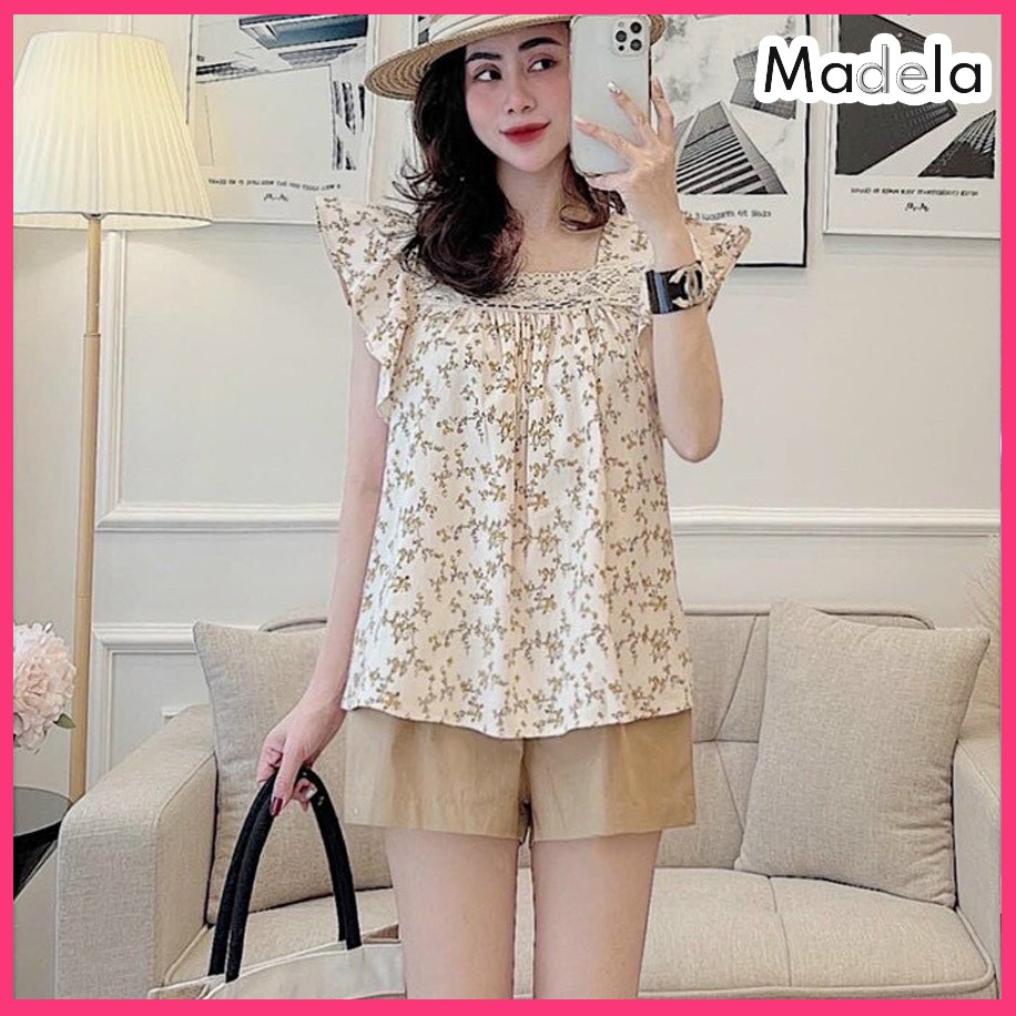 Bộ mặc nhà nữ kiểu Babydoll Cổ Vuông tay ngắn vai bồng, Đồ mặc nhà trễ vai Mix Quần Sooc ngắn - SN04 | BigBuy360 - bigbuy360.vn