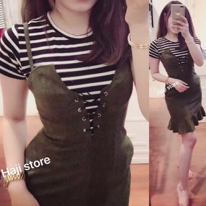 Set yếm váy body đuôi cá áo sọc tay con