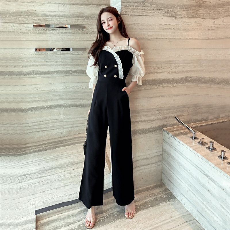Jumpsuit quần ống rộng áo trễ vai bèo viền. Jumpsuit quần ống suông.