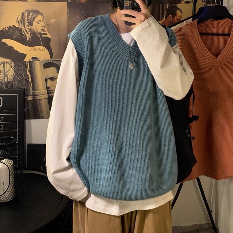 Áo Sweater Dệt Kim Không Tay Cổ Chữ V Dáng Rộng Màu Trơn Thời Trang Mùa Thu Dành Cho Nam