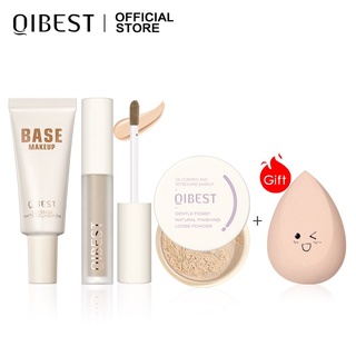 Set 4 mỹ phẩm trang điểm QIBEST gồm kem nền + che khuyết điểm + phấn phủ + mút trang điểm