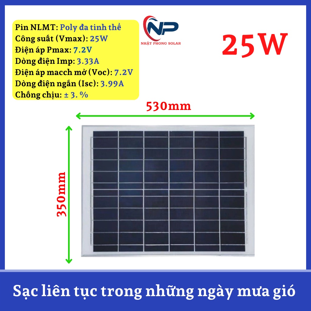 Tấm pin năng lượng mặt trời Poly đa tinh thể công suất 6V/30W dùng cho đèn năng lượng mặt trời 300W
