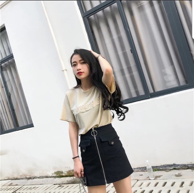 Chân váy Kaki khoá kéo tròn 2 túi đắp