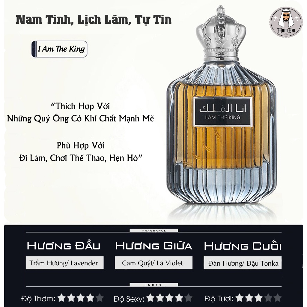 Nước hoa nam Dubai chính hãng thơm lâu giá rẻ, Nước hoa I AM THE KING hương gỗ - 100ml, Lưu hương trên 8h