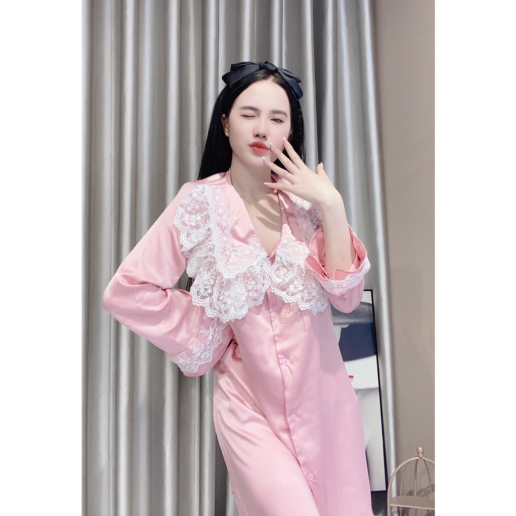 Đầm ngủ sơ mi lụa satin bigsize váy ngủ nữ cổ phối ren bèo dễ thương.