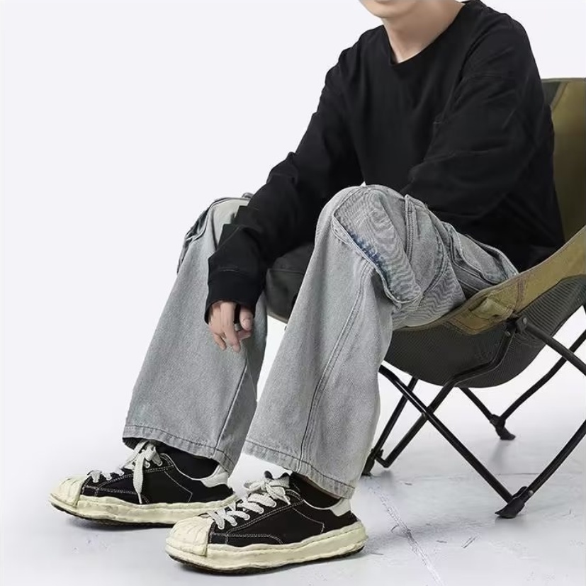 Quần Jean Dài Ống Rộng Nhiều Túi Phong Cách Hàn Quốc Thời Trang Cho Nam Và Nữ