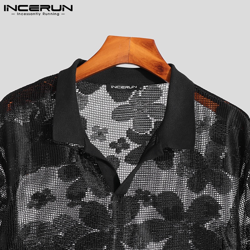 Áo sơ mi INCERUN tay ngắn dáng rộng họa tiết hoa xuyên thấu thoáng khí thời trang cho nam