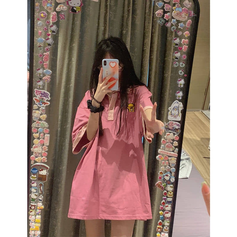 Áo thun polo nữ màu hồng xinh xắn dáng rộng tay lỡ mùa hè mẫu mới hình cute animal có size