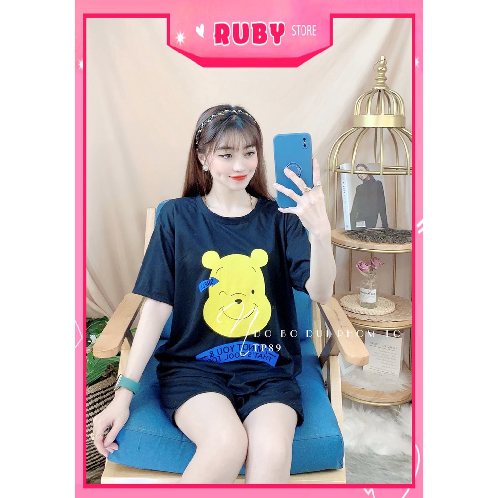 Đồ bộ nữ mặc nhà phom to chất thun mềm mát in hình gấu hoạt hình dễ thương Bộ thun đùi phom to TP89